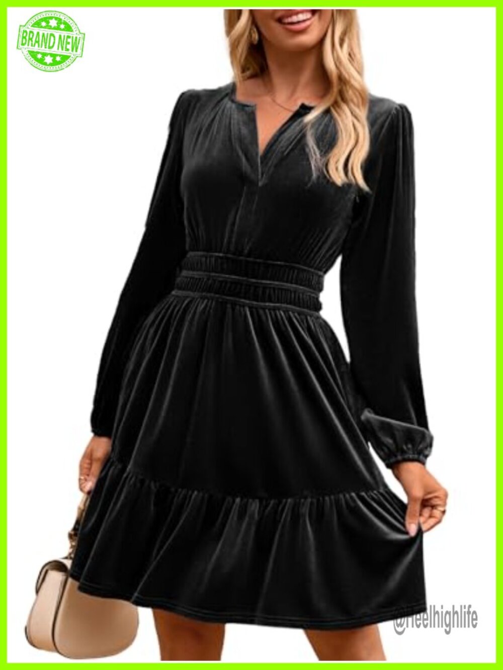 Velvet Mini Dress Long Sleeve V-Neck Empire Wedding Guest Cocktail